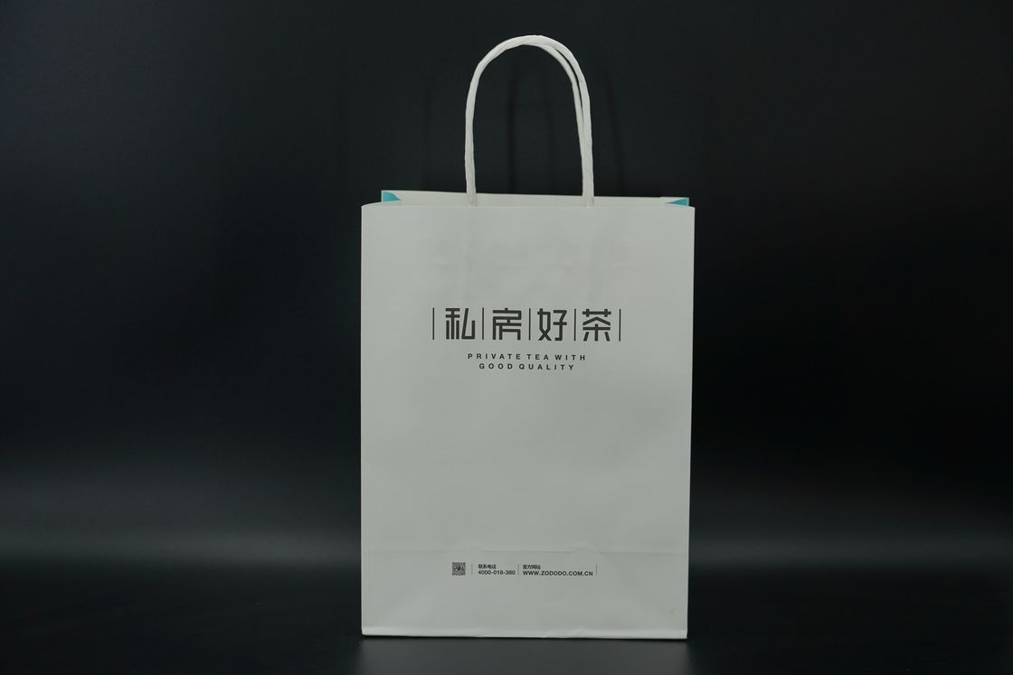 Durable Tea Packaging Paper Bags Lightweight White Gift Bags With Handles